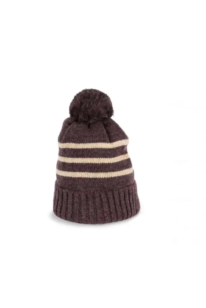 K-Up Knitted Striped Beanie In Recycled Yarn KP556 in Dark Rosewood Heather/Light Sand Heather