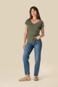 Spasso Ladies' V-Neck Linen T-Shirt SP321 worn by a model